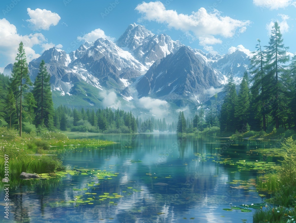 Fototapeta premium Picturesque Mountain River Landscape, Digital Art