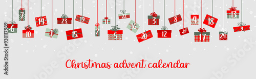 Christmas advent calendar gifts boxes holiday garland. Vector festive countdown tradition, with numbered compartments, concealing small surprise or treat, adding joy and anticipation to holiday season