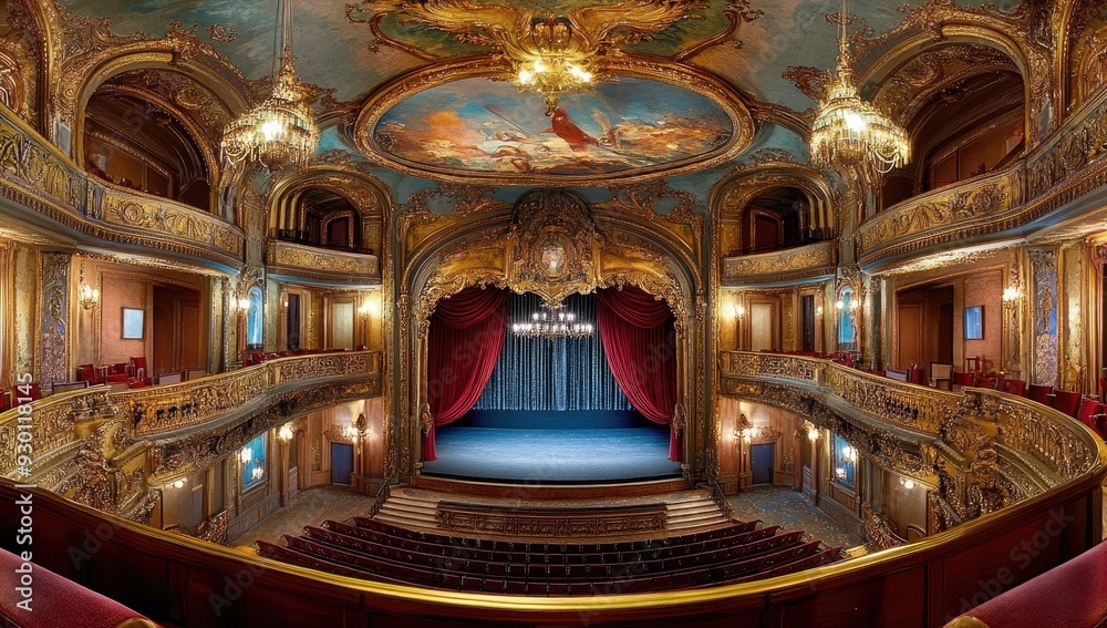Fototapeta premium Ornate theater interior with stage and seating.