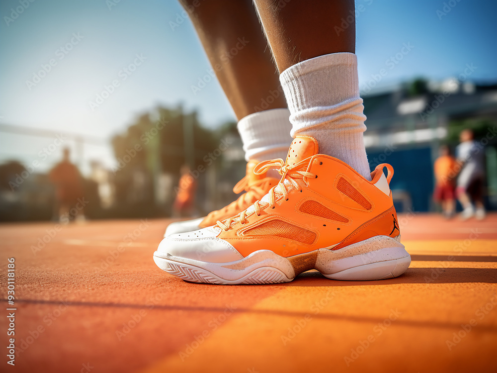Sports shoes for basketball on court, close-up in sunny day Sports shoes for basketball on court, close-up in sunny day