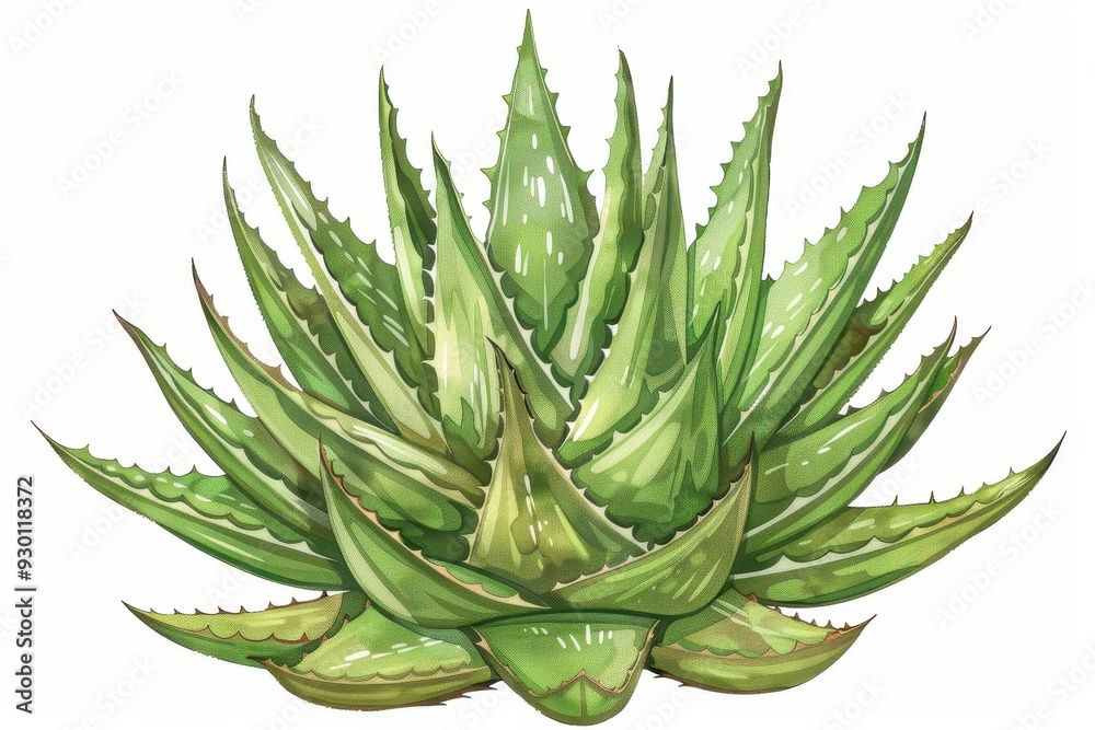 A botanical illustration of an aloe vera plant, highlighting its thick, spiky leaves and a cross-section showing the gel inside A botanical illustration of an aloe vera plant, highlighting its thick, spiky leaves and a cross-section showing the gel inside