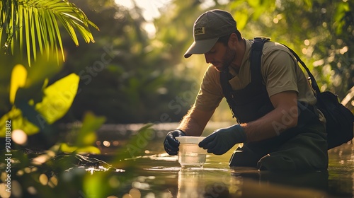 Hydrologist taking water samples from a river, soft morning light, wearing field gear, blurred background of lush vegetation and river, meticulous and scientific mood photo