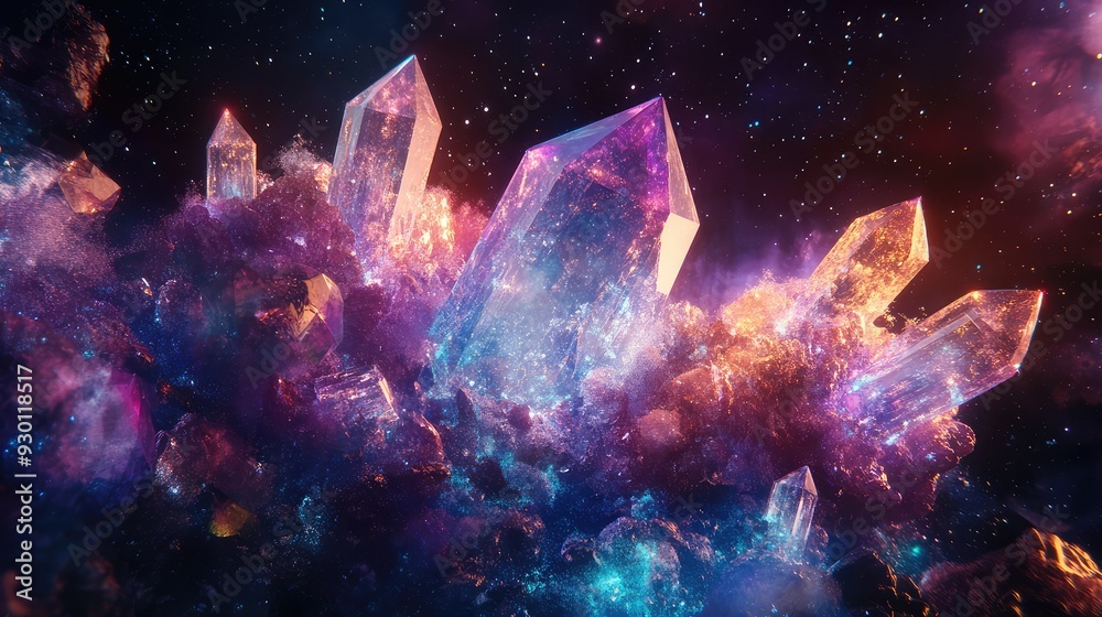 An abstract image of enchanted gems with intricate, sparkling surfaces, set against a dark, cosmic background.