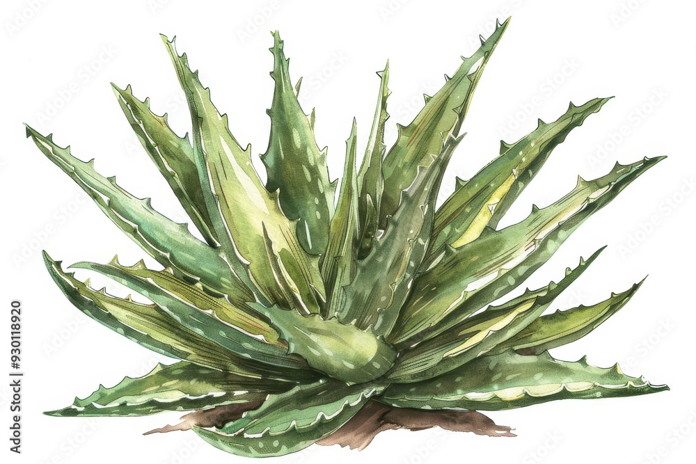 Fototapeta premium A botanical illustration of an aloe vera plant, highlighting its thick, spiky leaves and a cross-section showing the gel inside
