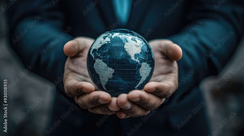 The world in the hands of finance, with a businessman focusing on Ukraine, representing strategic business planning in Eastern Europe The world in the hands of finance, with a businessman focusing on Ukraine, representing strategic business planning in Eastern Europe