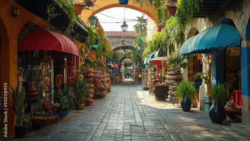 Fototapeta premium Cobblestone street lined with colorful shops and plants.