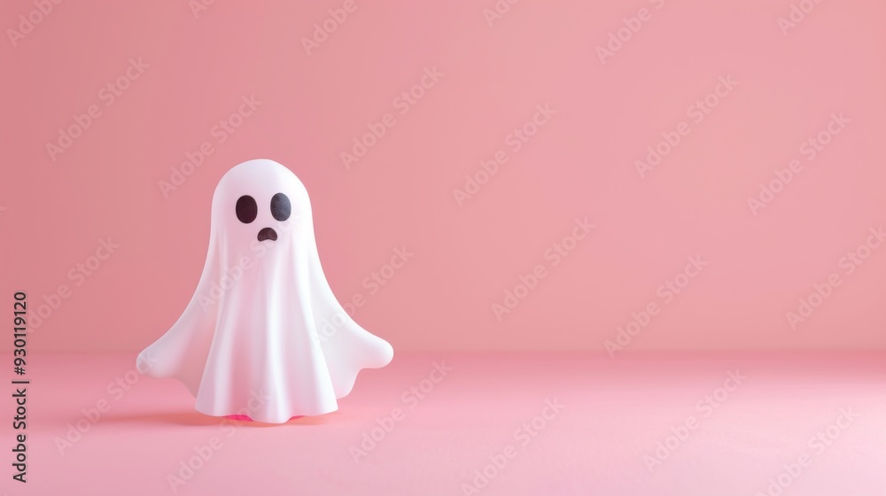A small ghost figurine with a sad expression is positioned against a pastel pink backdrop, creating a whimsical Halloween atmosphere A small ghost figurine with a sad expression is positioned against a pastel pink backdrop, creating a whimsical Halloween atmosphere