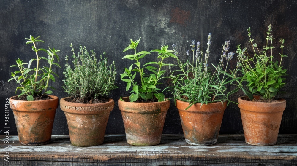 pots of herbs on a wooden table against a dark wall. The herbs include lavender, rosemary, thyme and mint. The setting evokes the feeling of a serene, cosy garden. pots of herbs on a wooden table against a dark wall. The herbs include lavender, rosemary, thyme and mint. The setting evokes the feeling of a serene, cosy garden.
