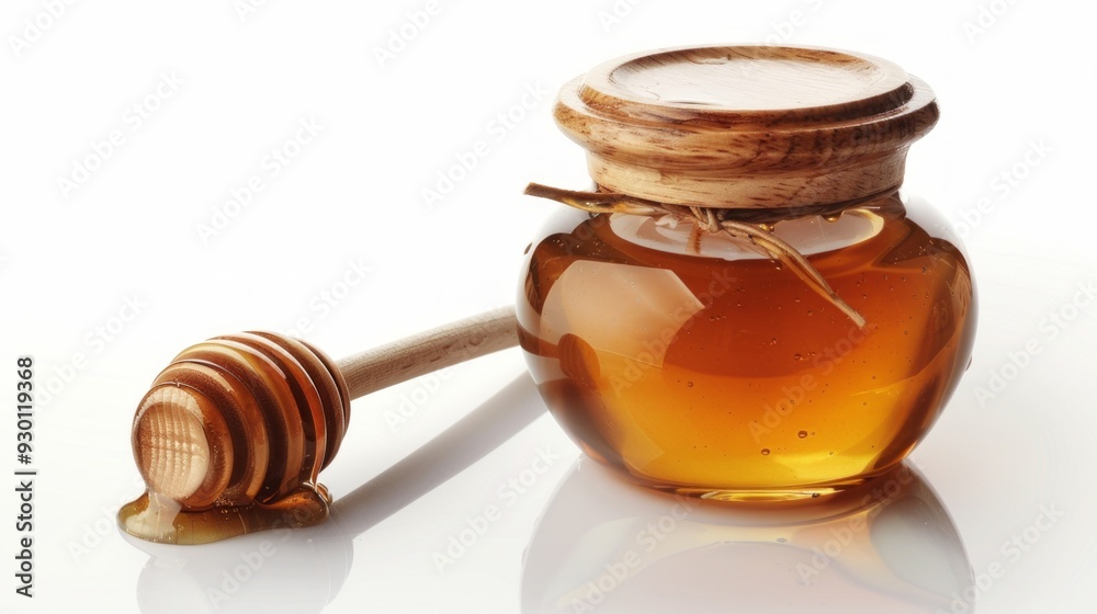 Close-up of a golden honey-filled jar with a honey dipper on a white background, creating a rich and serene ambiance. Honey's warmth contrasts beautifully with wooden accents. Close-up of a golden honey-filled jar with a honey dipper on a white background, creating a rich and serene ambiance. Honey's warmth contrasts beautifully with wooden accents.