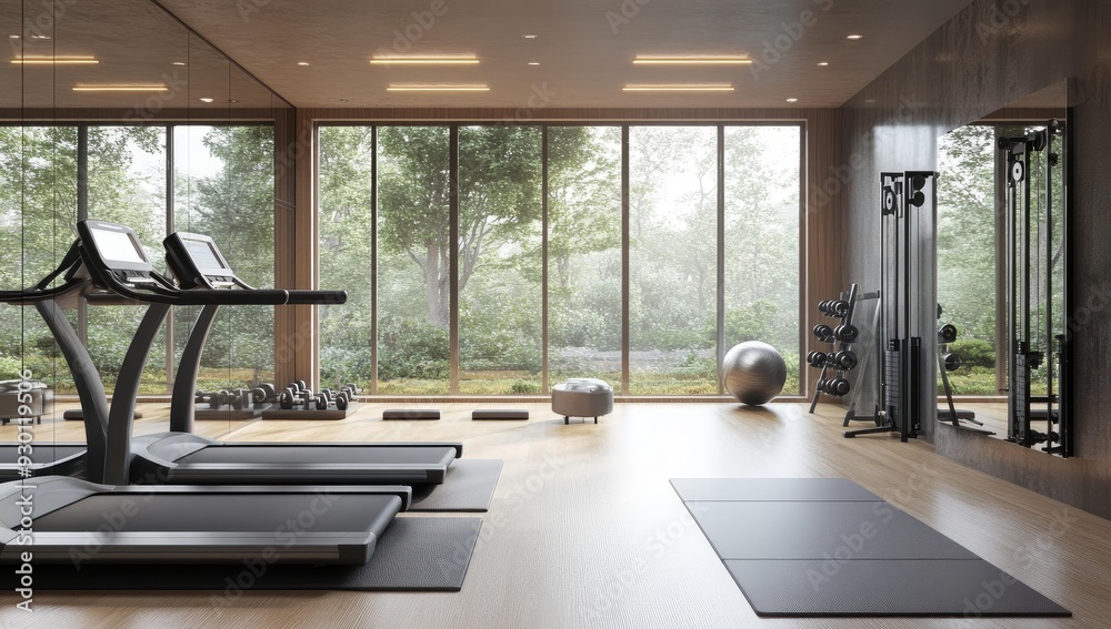 Obraz premium Modern gym with treadmills and a view of trees.