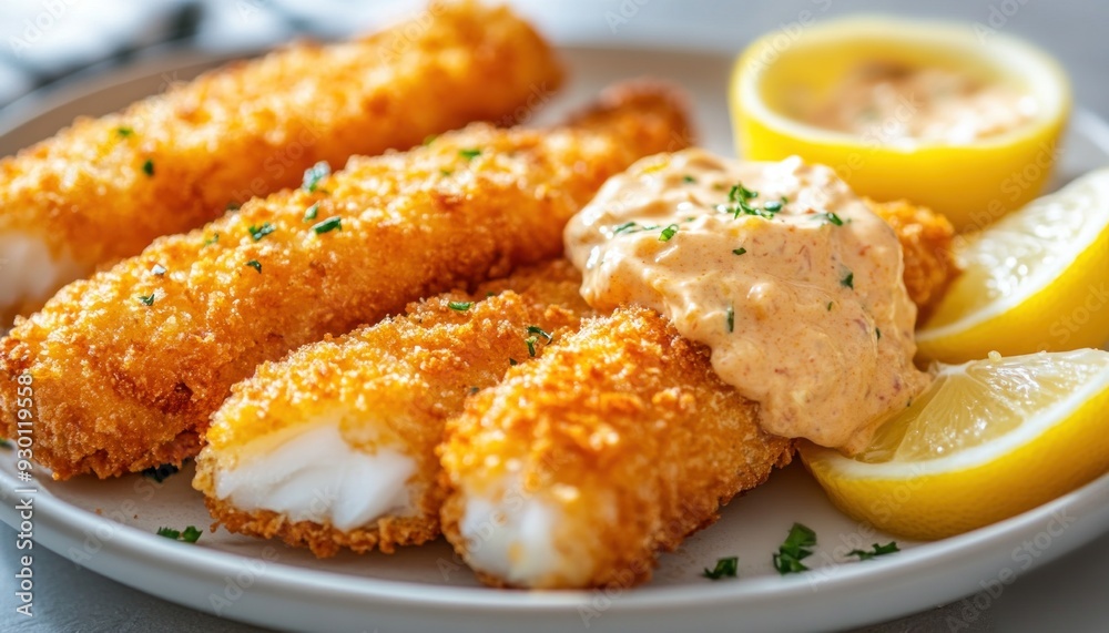 Crispy fried fish sticks served with sauce and lemon wedges Crispy fried fish sticks served with sauce and lemon wedges