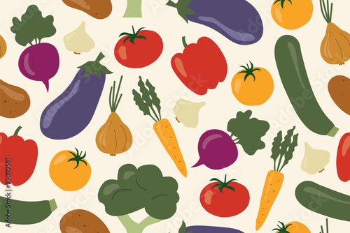 colorful seamless vegetable pattern: onion, garlic, zucchini, eggplant, potato, beetroot, carrot, broccoli, pepper, tomato- vector illustration