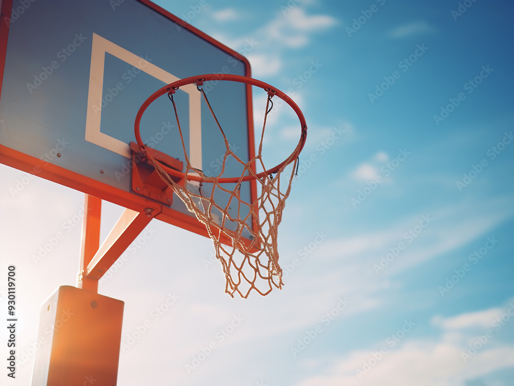 Blue sky serves as the backdrop for a basketball hoop Blue sky serves as the backdrop for a basketball hoop