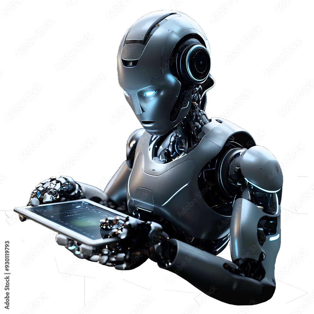 AI Robot Using Tablet Isolated on Black Background – High-Resolution Image AI Robot Using Tablet Isolated on Black Background – High-Resolution Image