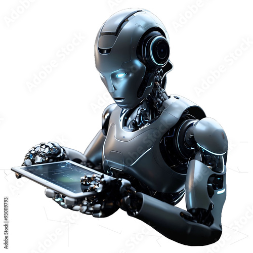 AI Robot Using Tablet Isolated on Black Background – High-Resolution Image