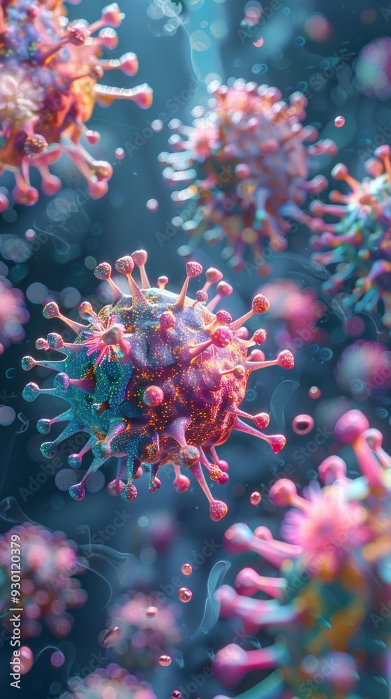 Digital illustration shows colorful spherical virus representations against a blue and purple background, highlighting their unique surface projections. Digital illustration shows colorful spherical virus representations against a blue and purple background, highlighting their unique surface projections.