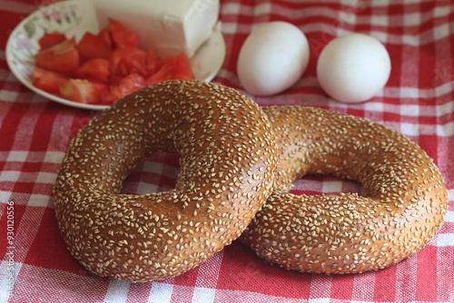 turkish breakfast with bagels (simit) photo