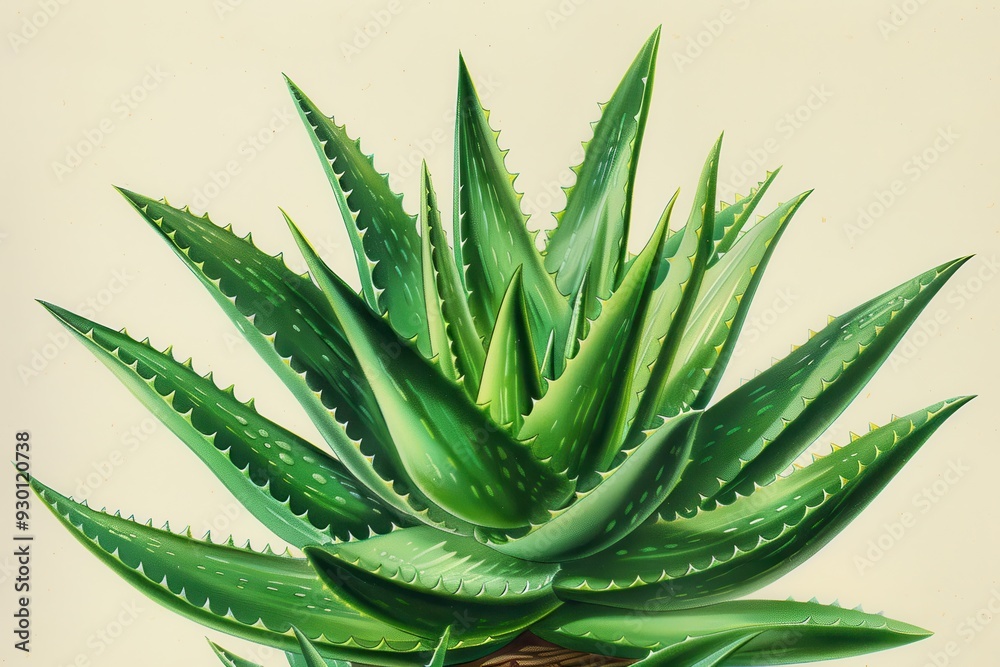 Fototapeta premium A botanical illustration of an aloe vera plant, highlighting its thick, spiky leaves and a cross-section showing the gel inside