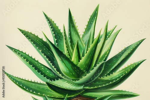 A botanical illustration of an aloe vera plant, highlighting its thick, spiky leaves and a cross-section showing the gel inside