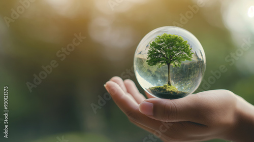 A hand holding a tree inside a glass sphere