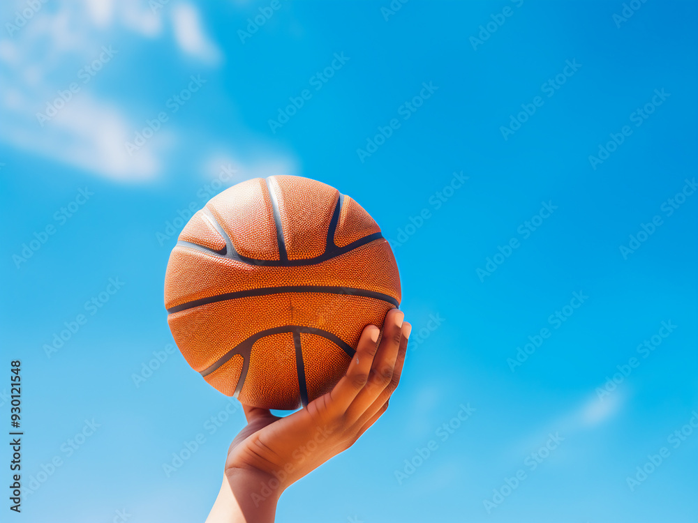 Hands holding a basketball with a blue sky backdrop