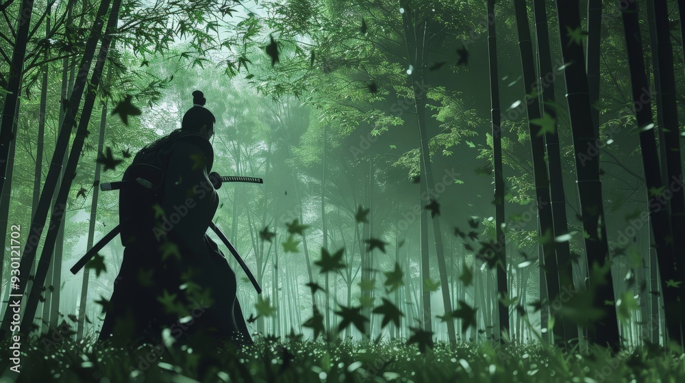 Design a 3D scene of a samurai practicing with his katana in a bamboo forest, with realistic foliage and dynamic motion. Design a 3D scene of a samurai practicing with his katana in a bamboo forest, with realistic foliage and dynamic motion.
