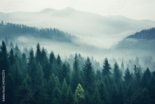 Misty mountain landscape forest mist outdoors.