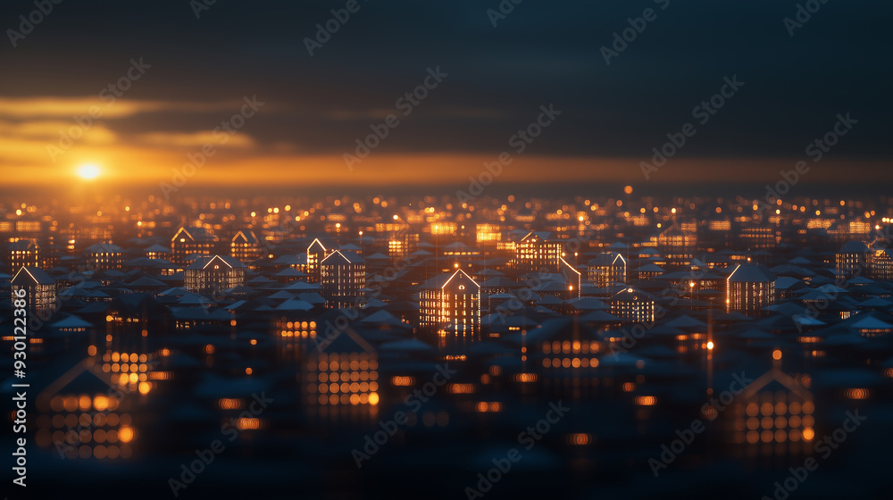 A city skyline at sunset with many buildings lit up A city skyline at sunset with many buildings lit up