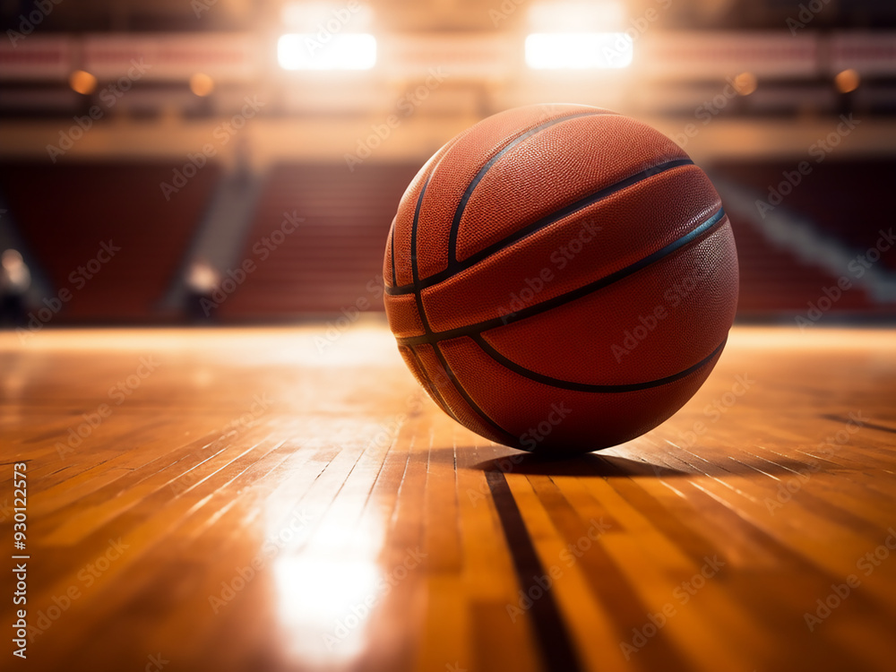 Basketball on court floor, close-up, blurred arena setting Basketball on court floor, close-up, blurred arena setting