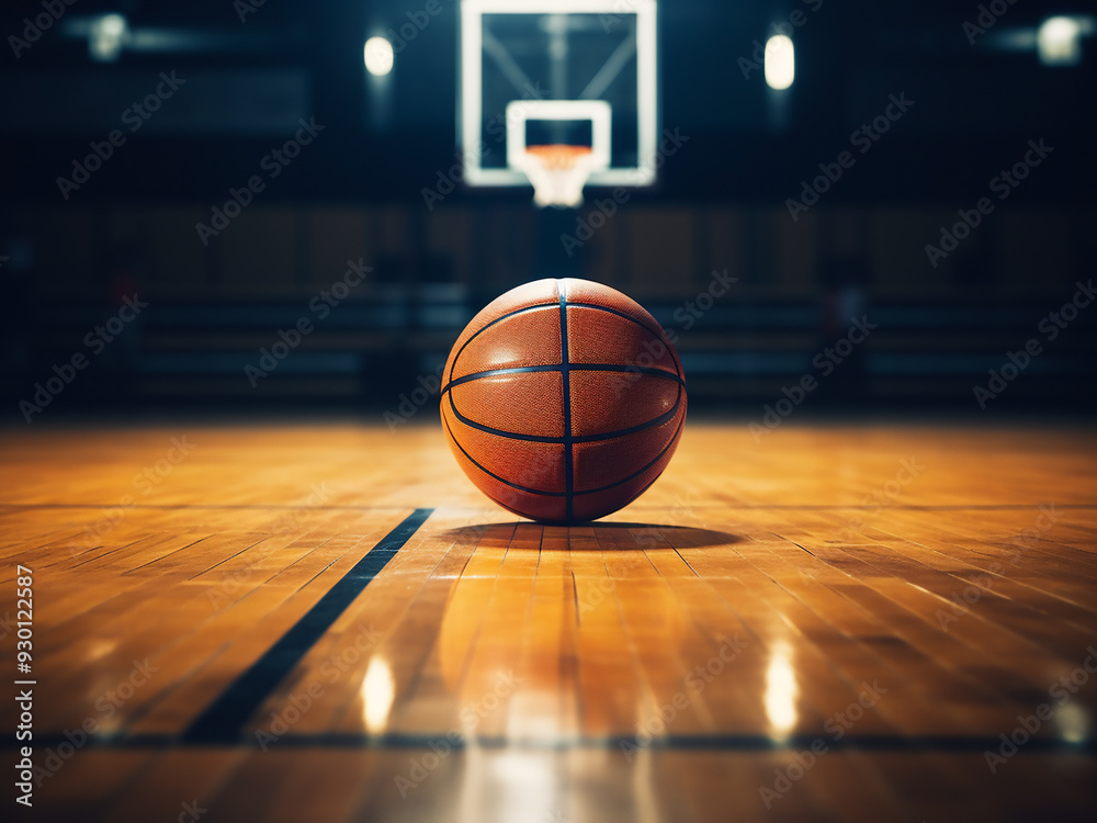Basketball on court floor, close-up with an out-of-focus arena in the background Basketball on court floor, close-up with an out-of-focus arena in the background