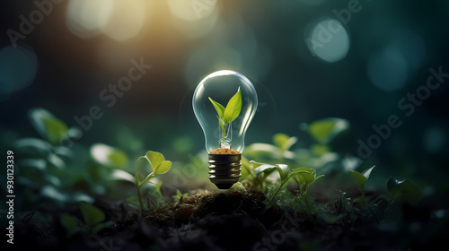 Green light bulb, sustainable development and environmental protection concept