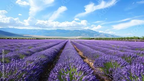 A vast field of lavender in full bloom with mountains and a blue sky in the background.