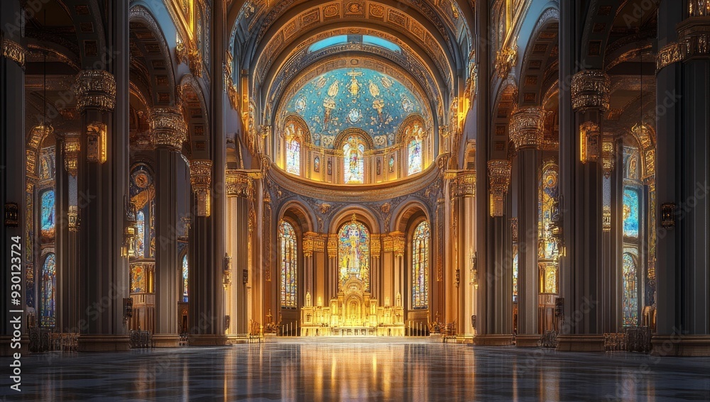 Ornate church interior with stained glass windows. Ornate church interior with stained glass windows.
