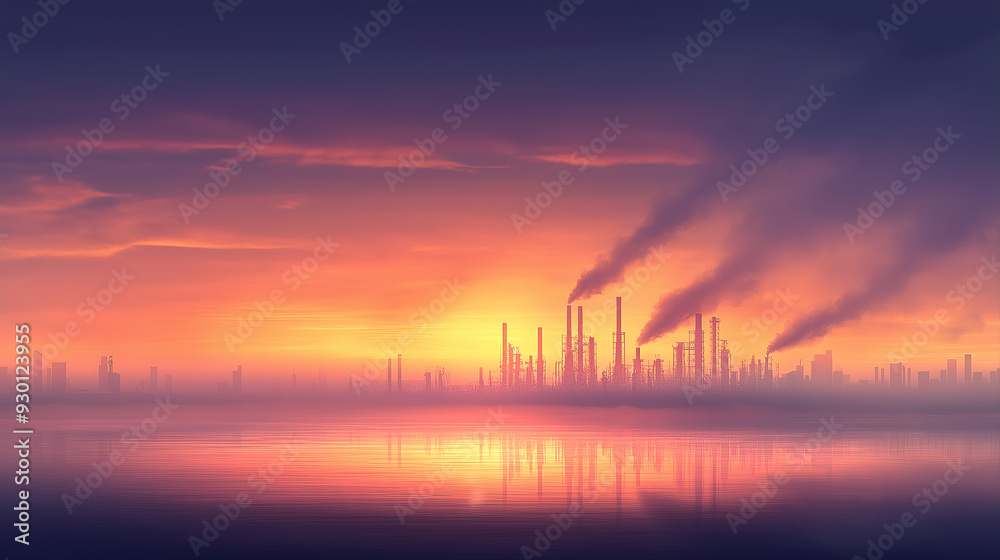 A city skyline is reflected in the water at sunset A city skyline is reflected in the water at sunset