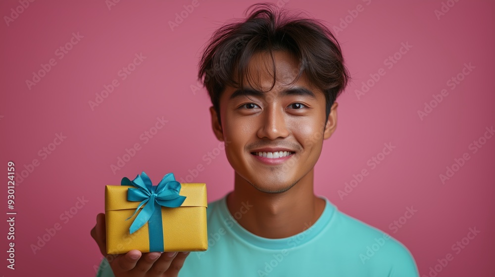 Smiling Man Holding a Small Gift Box Wrapped in Shiny Gold Paper with a Blue Bow, Set Against a Bright Pink Background Smiling Man Holding a Small Gift Box Wrapped in Shiny Gold Paper with a Blue Bow, Set Against a Bright Pink Background