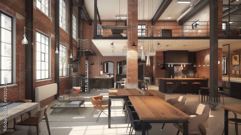Design an architectural sketch of an urban loft, focusing on its open floor plan, exposed brick walls, and industrial design elements.