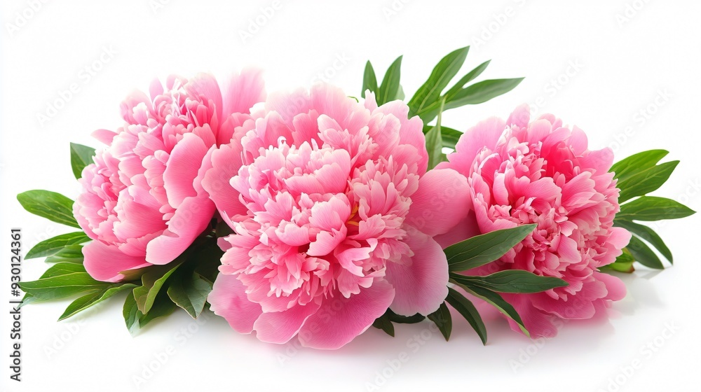 Vibrant Peony Flowers with Green Leaves Isolated on White Background Vibrant Peony Flowers with Green Leaves Isolated on White Background