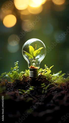 Green light bulb, sustainable development and environmental protection concept