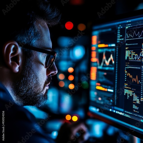 Detailed view of an SEO expert intensely focused on analyzing keywords and backlink data, with complex graphs and metrics on a computer screen