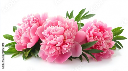 Vibrant Peony Flowers with Green Leaves Isolated on White Background