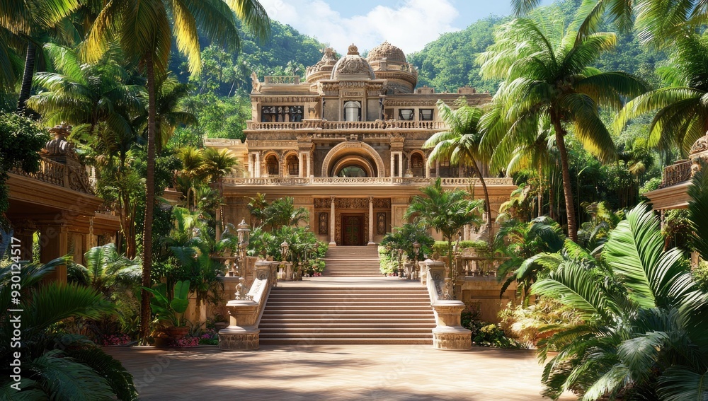 Obraz premium Stone mansion entrance with lush tropical plants.