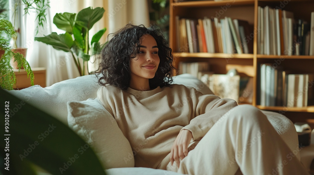 Obraz premium Woman sitting on sofa at home. 