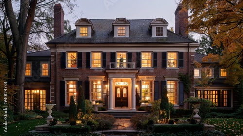 Design an image of a colonial-style home exterior with symmetrical windows, a central doorway, and classic brickwork, capturing timeless architectural elegance.