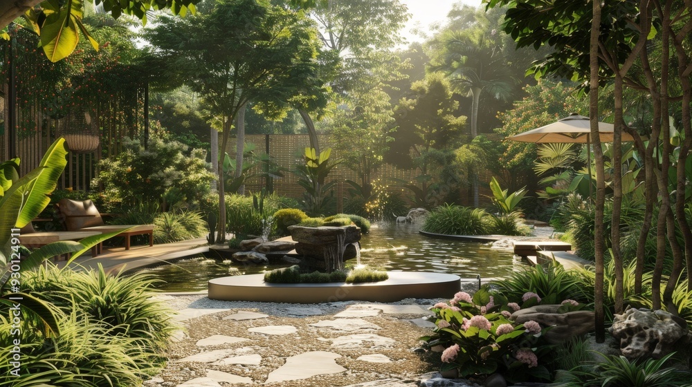 Design an image of a serene retreat exterior with lush gardens, water features, and a peaceful atmosphere, emphasizing relaxation and harmony with nature Design an image of a serene retreat exterior with lush gardens, water features, and a peaceful atmosphere, emphasizing relaxation and harmony with nature