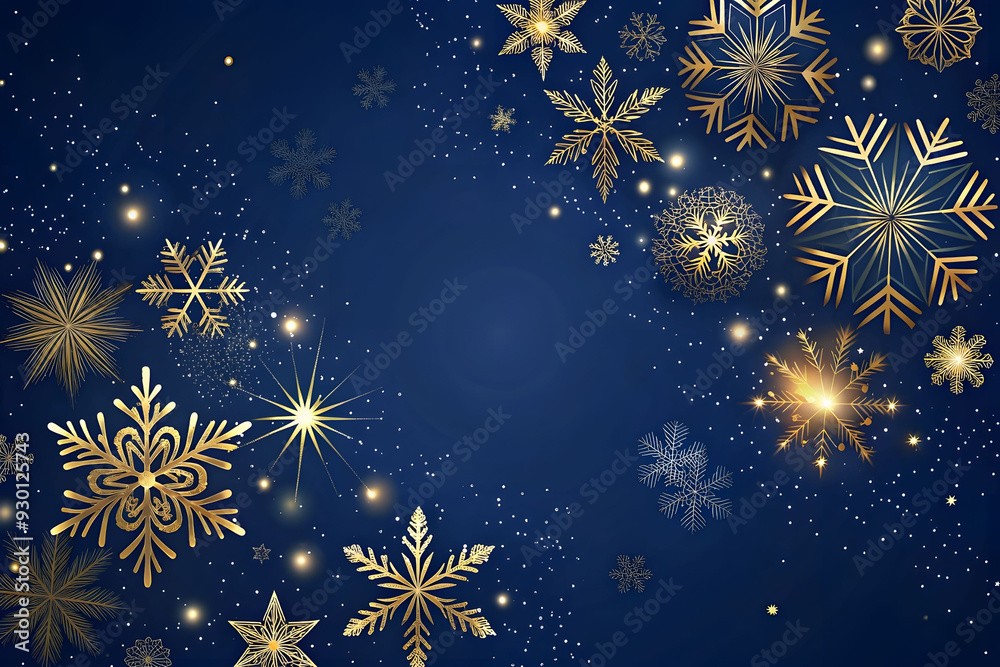 Navy christmas background with snowflakes and gold sequins. Winter background. Gold and blue snowflakes on a navy background Navy christmas background with snowflakes and gold sequins. Winter background. Gold and blue snowflakes on a navy background