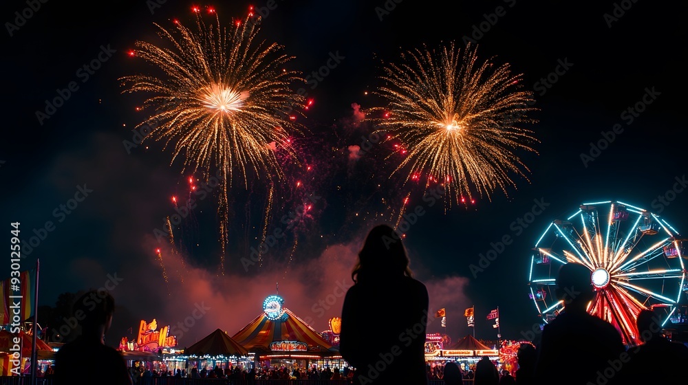 Obraz premium Night shot of a fireworks display over a county fair, bright bursts of color lighting up the sky, silhouettes of fairgoers watching in awe, carnival rides glowing in the background, festive and