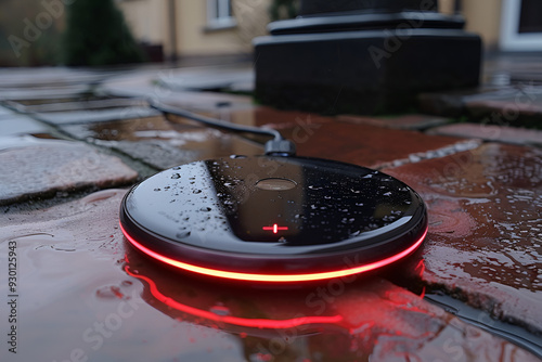 a black circular object with a red light on it