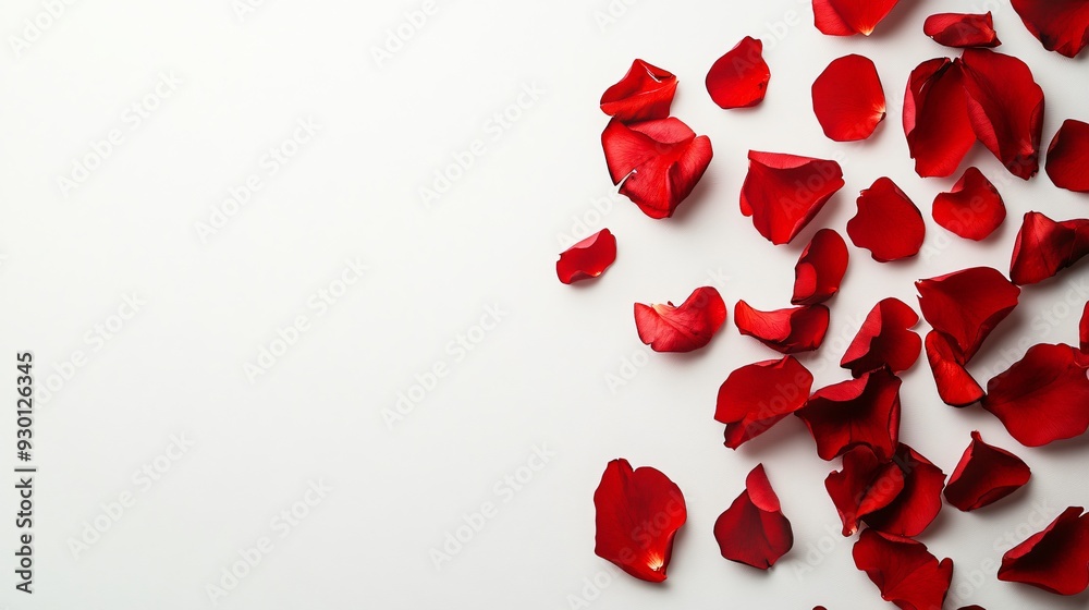 Vibrant Red Petals on White Background, Top View Vibrant Red Petals on White Background, Top View