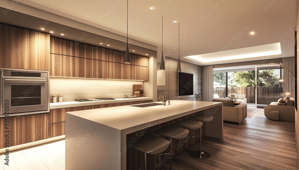 Modern kitchen with island and bar stools. Modern kitchen with island and bar stools.