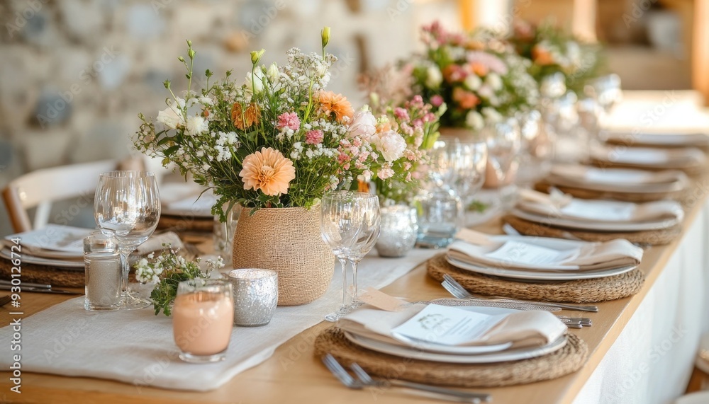 Wedding reception table setting decorated with flowers in rustic style Wedding reception table setting decorated with flowers in rustic style